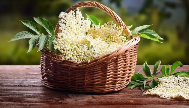 Fresh Wild Elderberry Flowers In A Basket On A Table Ingredient For Herbal Syrup