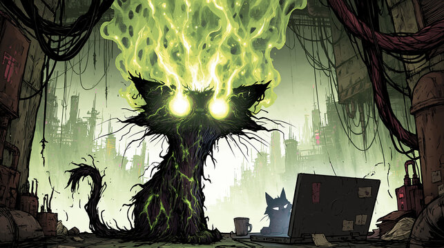 Green Flame Tree Spirit Working At Laptop