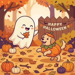 Fototapeta premium Ghost plays with a puppy wearing a pumpkin costume in a forest setting decorated for a festive Halloween party.