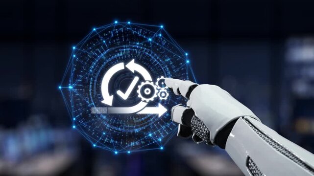 A robotic hand interacts with a digital display featuring symbols of gears and arrows, representing advanced automation and technology in a modern workspace. Synapse