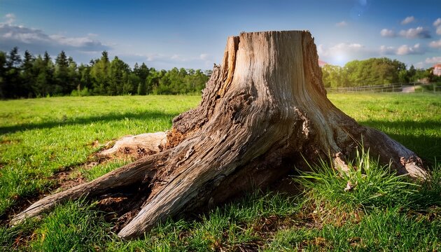 Weathered Tree Stump With Exposed Roots Lying On Lush Green Grass Outdoors