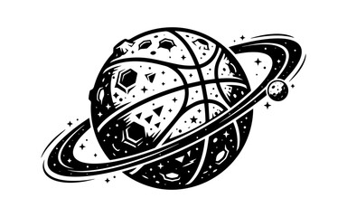 Black and white ink illustration of a basketball planet with rings and craters in outer space © MATMORJINABEGUM