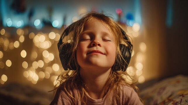 Happy little girl wearing large black headphones listens to music with eyes closed during festive evening