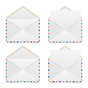 Four white envelopes with colorful edges on transparent background