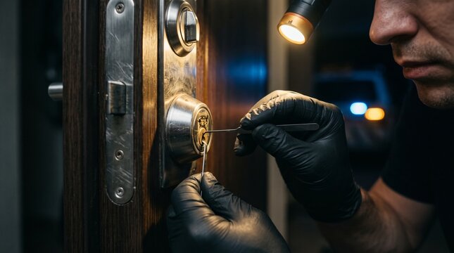 Professional Locksmith Using Precision Lock Picking Tools to Open a Residential Door at Night with a Headlamp