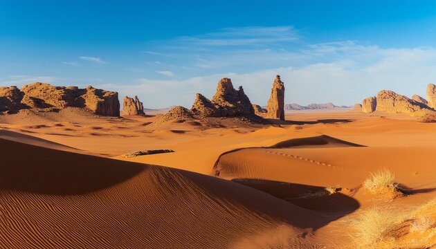 Desolate Desert Terrain With Tall Rock Spires And Endless Sand Dunes Stretching Into The Horizon
