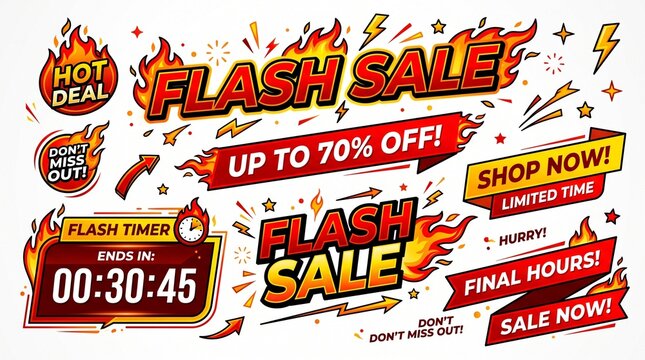 Fiery flash sale vector banner set with hot deals and discounts up to 70 percent off for shopping promotions