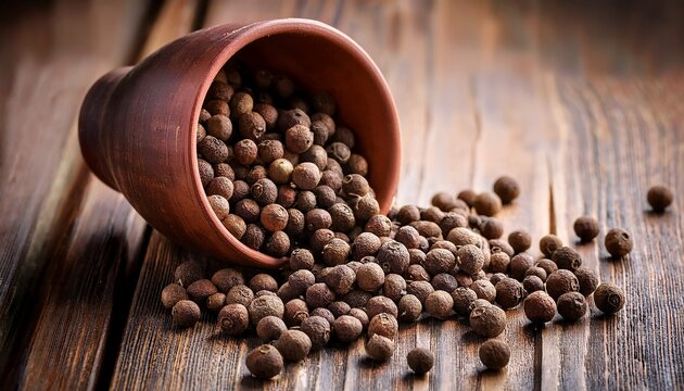 Overturned Clay Bowl With Dried Allspice Berries On Rustic Wooden Background Close Up Macro Shallow Depth Of Field