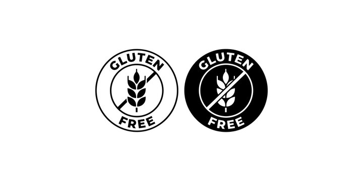 Black gluten free food allergy icons with crossed out wheat for dietary restriction labels.