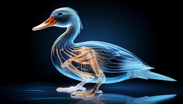 an x ray vision of a duck with transparent internal skeleton against a dark backdrop presenting a unique perspective on avian anatomy
