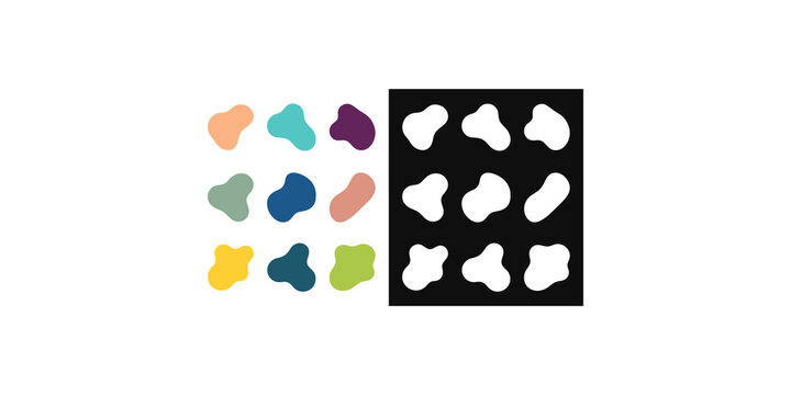 Abstract fluid organic shapes in vibrant color palette with a black background cutout version for creative design elements.
