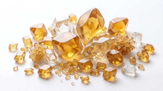 A close-up shot of various sizes and shapes of golden-yellow and clear sugar crystals scattered on a white surface.