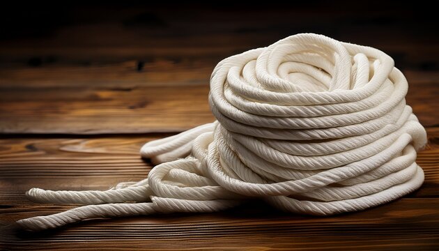 coiled and tangled white rope on wood