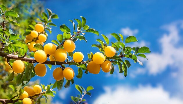 Ripe Mirabelle Plums On Branch Against Bright Blue Sky Summer Harvest Scene