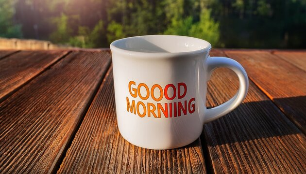 closeup of a white ceramic mug with the words good morning printed in orange on a rustic wooden table surface