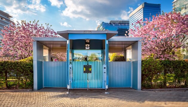 a vibrant security booth stands at a gated entrance framed by blooming trees and buildings