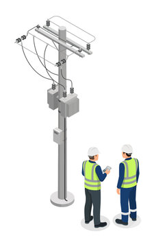 Electrical engineers inspecting power line pole, Vector, illustration