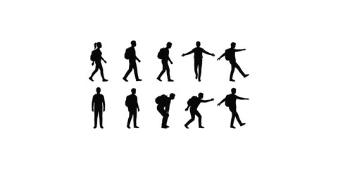 Obraz premium Set of black student silhouettes with backpacks in diverse walking and standing poses.