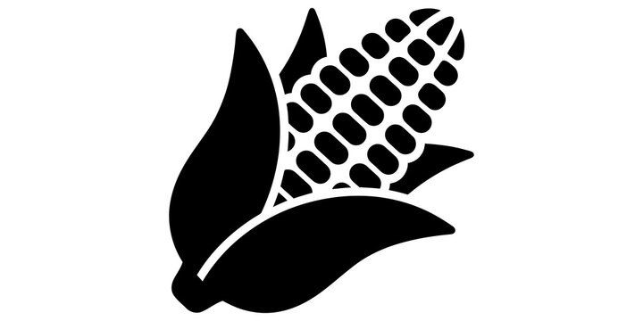Black silhouette of corn cob with husks and leaves, isolated on transparent background.
