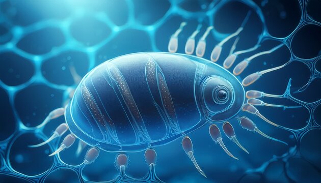 microscopic tardigrade floating in blue scientific background