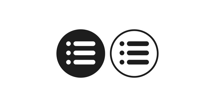 Black and white menu icons for user interface design representing lists, options, or navigation in mobile applications and websites.