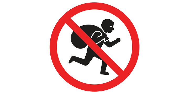 Red circle with black no thieving sign ideal for security warnings, crime prevention, or anti-theft campaigns.