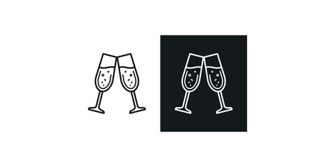 Black and white champagne glasses clinking icon for celebrations and festive occasions. © Saba