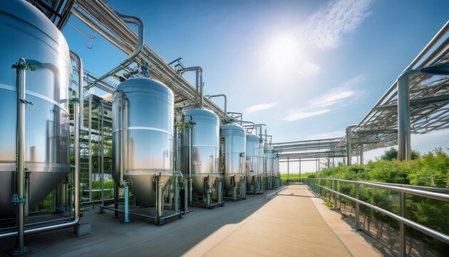 an exterior view of an industrial plant featuring bioreactors and pipes demonstrating modern bioengineering