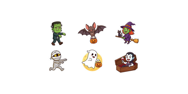 Cartoon halloween character sticker collection with frankenstein bat witch mummy ghost and vampire illustration.
