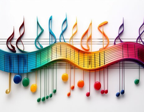 colorful musical notes on staff isolated on white background