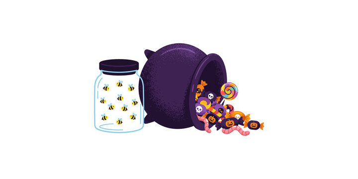 Purple halloween cauldron spilled with pumpkin candies and glass jar containing fireflies.