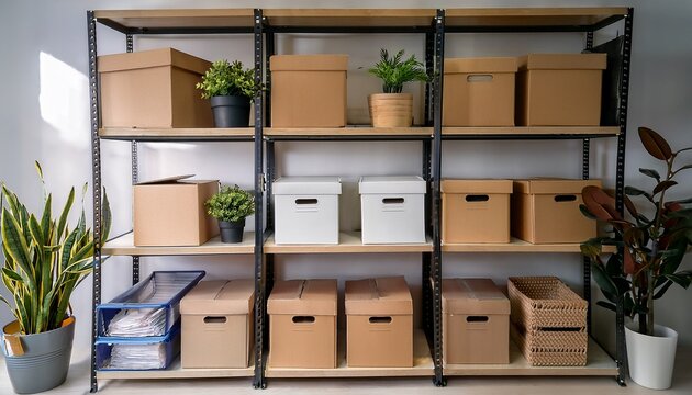 organized office storage with shelves filled with boxes files and plants creating a tidy workspace