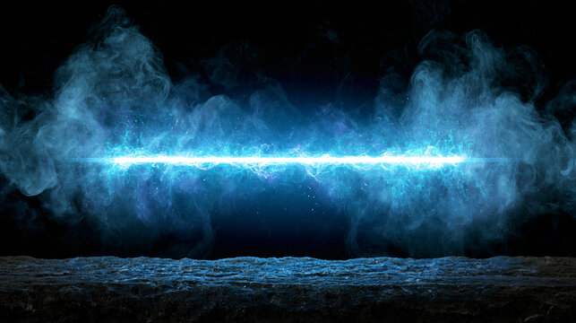 Bright Blue Energy Beam Cutting Through Dark Smoke