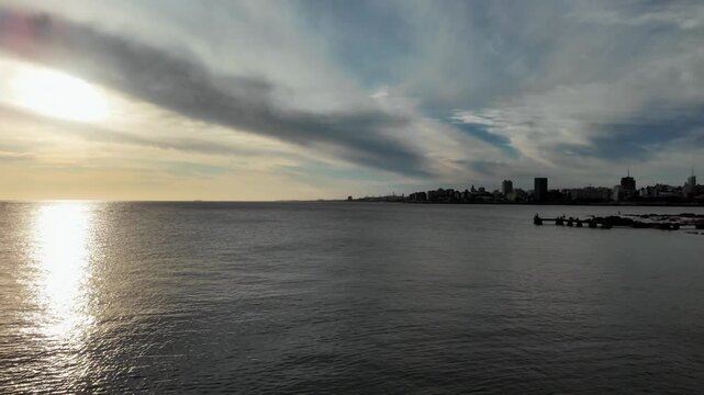 Sunset pan of Playa Ramirez beach and Rio de la Plata, Montevideo