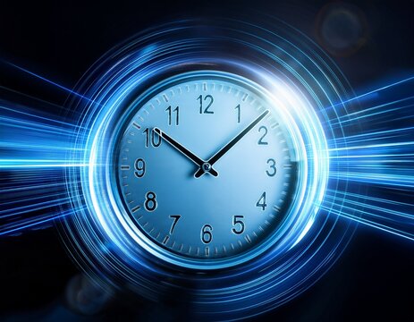 futuristic blue clock with dynamic speed lines symbolizes fast time and rapid progress on a dark background