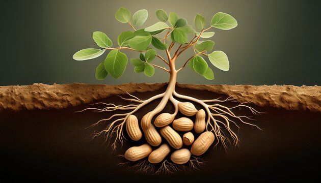 anatomy of peanut plant with root system and soil showing underground growth structure and agricultural cultivation
