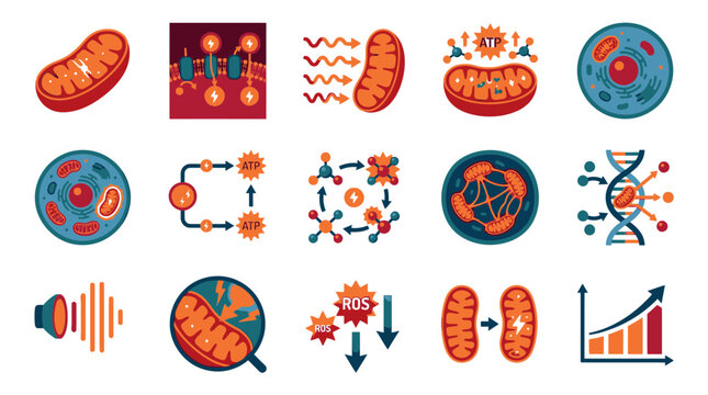 ATP production and mitochondrial respiration icons.