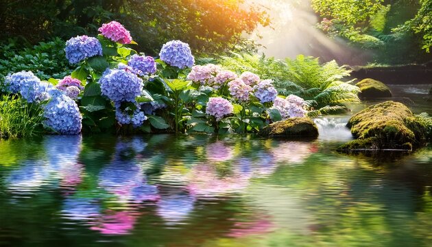 peaceful nature scene with stream vibrant hydrangea flowers soft sunlight lush greenery tranquil water reflections serene and colorful picturesque garden view
