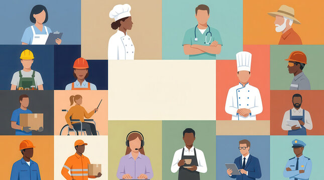 Diverse workforce illustration featuring construction, healthcare, transportation, service and skilled trade workers, celebrating essential workers, professional careers, teamwork and Labor Day