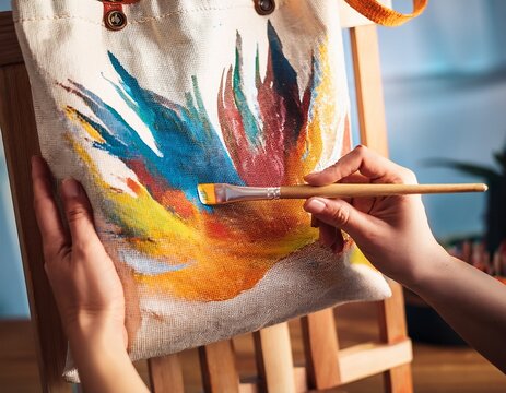 creative hands painting an abstract colorful pattern on canvas tote bag relaxing diy hobby for leisure and art