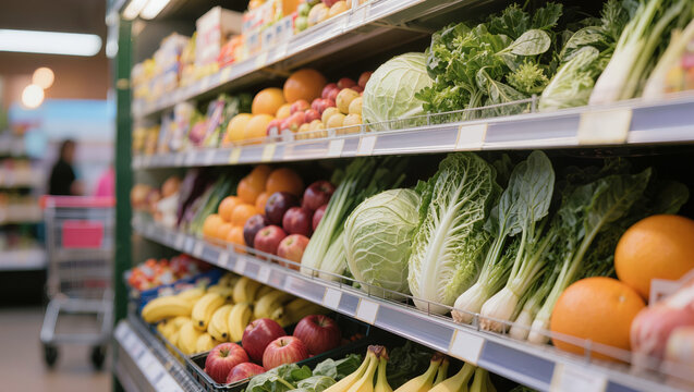 A well-stocked supermarket produce aisle displaying shelves filled with fresh fruits and vegetables, including cabbage, leafy greens, oranges, apples, and bananas
