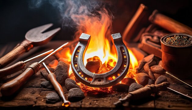 a glowing horseshoe resting on hot coals surrounded by tools and flickering flames
