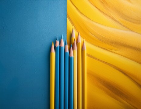 colorful pencils placed on blue and yellow textured background