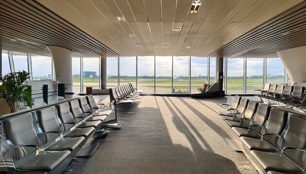 a spacious and light filled airport lounge with comfortable seating and panoramic views of the runway