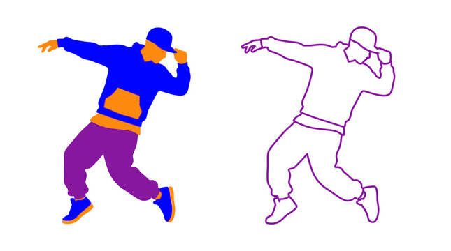 Dancing person illustration with a purple outline on a white background