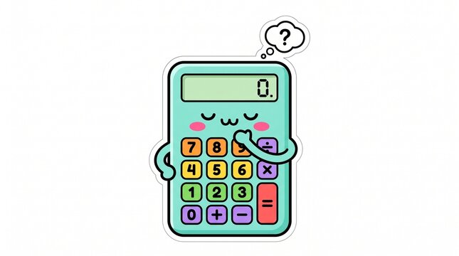 Cute kawaii style cartoon calculator character thinking hard with a question mark bubble icon featuring colorful buttons and bright digital screen presented on white background