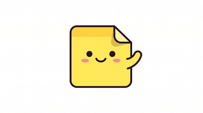 Happy yellow sticky note character waving hello with a friendly smiling face in a cute cartoon vector art style presented as a clean isolated icon on white background