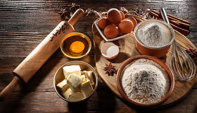 baking ingredients on rustic kitchen surface