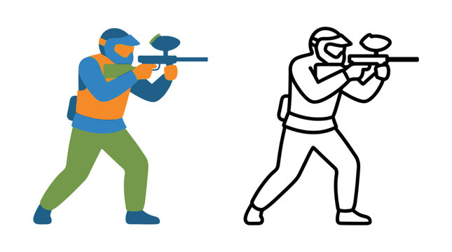 Paintball player illustration with colored and outline versions on a white background