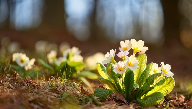 Primrose Primula Vulgaris Blooms In Early Spring Picture Of Flowers Common Primroses On A European Forest Ground In Early Spring Primula Vulgaris The Common Primrose